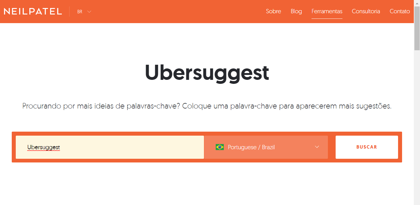 Acesso à tela principal para a ferramenta Ubersuggest